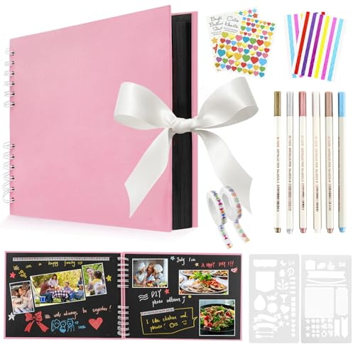 Newthinking Photo Scrapbook with 80 Black Pages, 11.5 x 8.5 Inches Scrapbook Photo Album with Accessories, DIY Couples Memory Scrap Book for Anniversary Wedding Birthday (Pink)