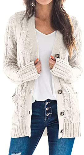 JFAN Cárdigan Informal De Punto para Mujer Abrigo Holgado De Manga Larga Holgado con Bolsillo Delantera Abierta Suéter,Blanco Crema XL