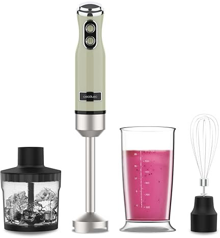 Cecotec Batidora de Mano Power RetroGreen 1200MAX Cream&Crush. Potencia Máxima 1200 W, Tecnología CrossBlades, 2 Velocidades, Set Accesorios aptos Lavavajillas, Campana antisalpicaduras