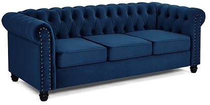 Home Detail Chesterfield Studded 3-Seater Sofa, Blue Velvet | Fabric Sofa, Available in Grey, Black, Green, Gold