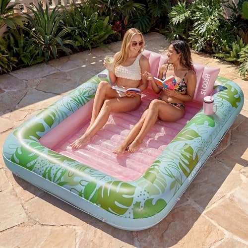 SLOOSH Pool Inflatable Tanning Lounger Float, 85 x 57 Extra Large Pool Floats Adult with Pillow, 4 in 1 Suntan Tub Raft Floatie,Sunbathing Bed Lounge for Water Blow Up Party Gifts, XL-Cyan Pink