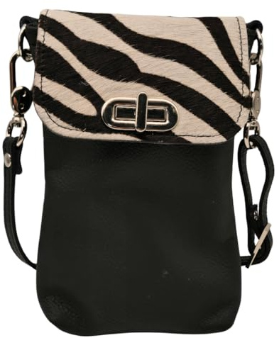 AnnaMatoni Handytasche zum Umhängen echt Leder Made in Germany, Handy Umhängetasche, Handytasche zum Umhängen, handtasche 100% Soft Nappa Leder mit echt Kuhfell umhängetasche Schwarz (Zebra Weiß)