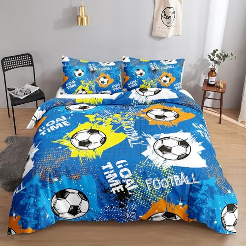 HOSIMA Bettwäsche-Set für Fußball für Erwachsene, Jungen und Mädchen,Karikatur-Fußball-Aufdruck, Bettbezug mit 2 Kissenbezügen (Karikatur-Fußballs02 S)