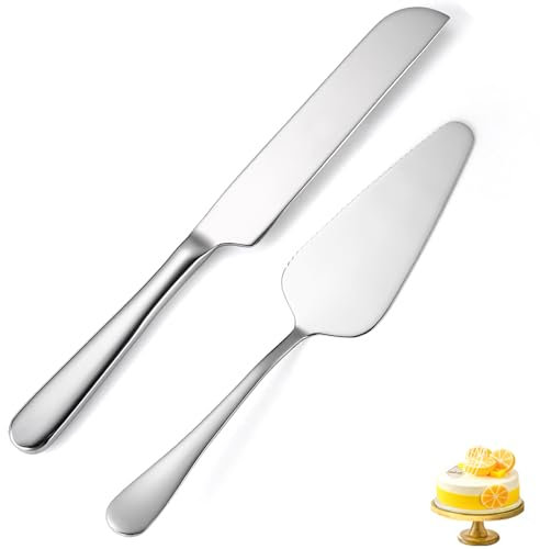 tiokin Wedding Cake Knife and Server Set Silver,Stainless Steel Cake Cutting Set,2Pcs Include Cake Cutter and Cake Server for Wedding, Birthday, Parties and Anniversary, Dishwasher Safe