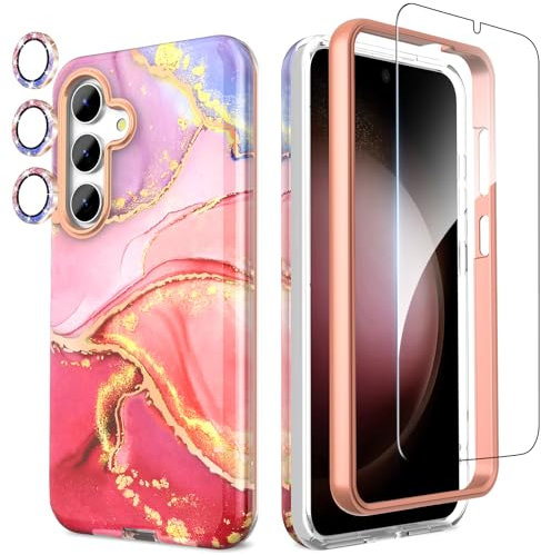 SHEDEER for Samsung S24 Case with Screen Protector + Bumper & Camera Protector, TPU Shockproof 360° Protection, Samsung Galaxy S24 Case Glossy Fade-Resistant Pattern Phone Case S24, Pink