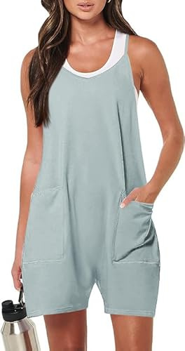 Haibang Jumpsuit dam, sommar, ledig, korta hängselbyxor, arbetsbyxor, lösa remmar, overall, onepiece, ärmlös, sparkdräkt, spagettiremmar, lekdräkt, byxdräkt, sommaroutfit med stora fickor, Ljusgrön,