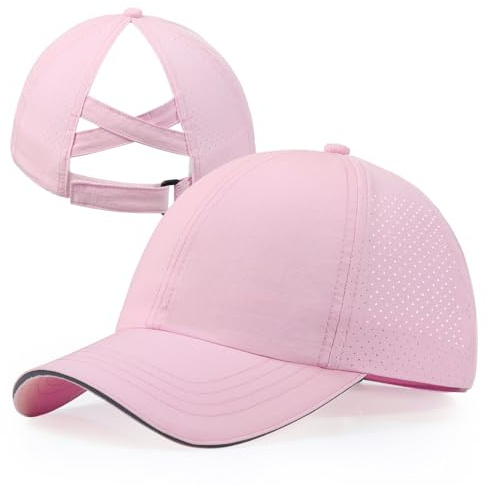 CHUANGLI Girls Criss Cross Ponytail Hat Reflective Lightweight Baseball Cap for Kids Quick Drying Mesh Sports Hat for Age 7-12 Pink