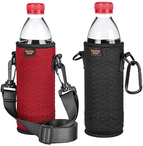 Desing Wish Portable 16.9 oz Plastic Bottles Insulators Sleeves 16 17 18 oz Beverage Bottle/Can Sleeves Holder with Shoulder Strap Plastic Bottle Sleeves Coolers 2 PCS (Black/Red)