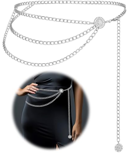 JIEYAO Multilayer Metal Chain Belts, Womens Metal Belts for Dresses Adjustable Body Belly Chain Long Waist Belt for Jeans(Silver,105cm/41.3in)