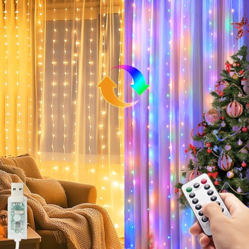 kolpop Guirlande Lumineuse,3x3M USB Rideau Lumineux,300LED avec Télécommande et Minuterie,8 Modes Dimmable Etanche LED Decoration pour Noël, Mariages, Anniversaires, Fenêtre,Fêtes (Bicolore)