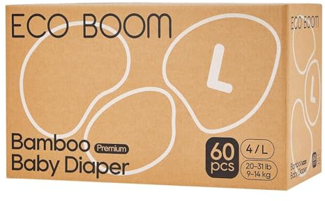 ECO BOOM Bamboo Viscose Nappies Size 4 (9-14kg), 60 Count – Plant-Based Materials for Sensitive Skin, Natural Soft Disposable Nappies, Dermatologically Tested & Vegan