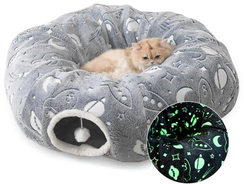AMYLALA Large Cat Tunnels Bed Tube for Indoor Cats Under Christmas Tree Glows in The Dark Cat Tunnel with Cushion and Plush Ball Toy Longer Playground Toys for Dog Puppy Kitten Pet Gray