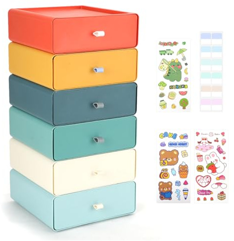 6PCS Cajoneras Apilables con Cajones, SITAKE Caja de Almacenaje, Organizador de Cosméticos, Cajonera Plastico de Sobremesa para Escritorios Tocadores Oficinas Baños (6 colores)