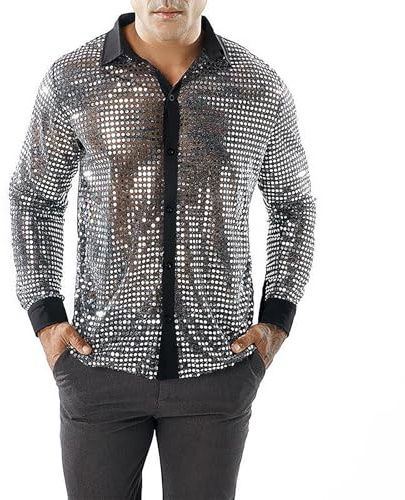 RUIXIA Chemise Disco Homme Chemise Paillettes Brillant Manches Longues Costume de Disco Style Rétro Années 70 80 Tenu Boutonné Semi-Transparent de Danse Bal Carnaval Fête Performance