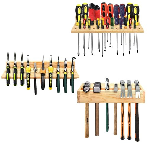 Goumthe 3 Pack Wall Tool Organizer Tool Rack,Screwdriver Organizer Wall Mounted Screwdriver Rack Wooden Plier Holder Hammer Rack Tool Trays Tool Storage Organisers for Garage Workshop