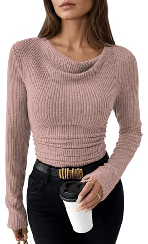 Pink Queen Womens Ruched Tops Casual Long Sleeve Shirts Comfy Warm Basic Blouse Light Pink S