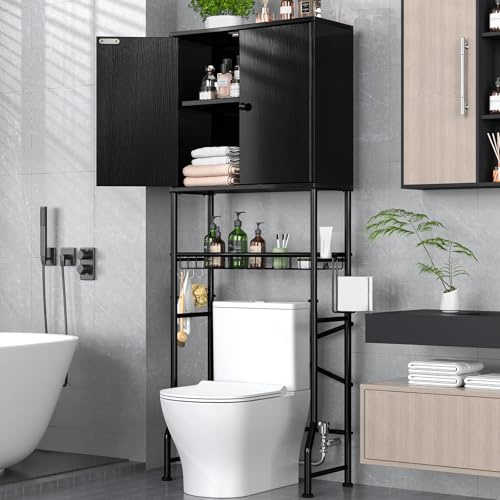 Over The Toilet Storage Cabinet - 2-Door Design Bathroom Organizers Shelf, Freestanding Space-Saver Above Toilet Storage Cabinet with Privacy Protection Rack, Water-Resistant Toilet Shelves (Black)