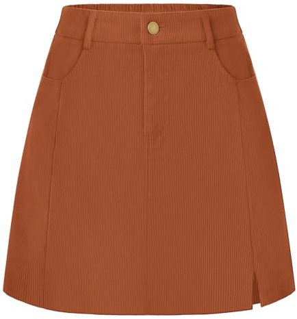 Belle Poque Gonna da donna in corduroy, a campana, a trapezio, mini, con tasche, gonne corte basiche per autunno e inverno, Marrone, M