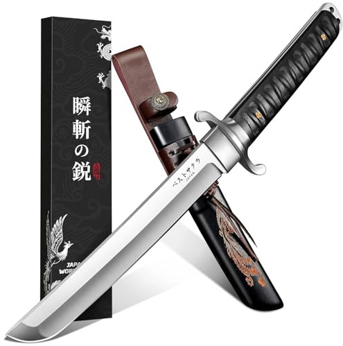 Japaknives Coltello da Esterno Survival Tanto Giapponese Affilato con fodero Acciaio D2 Lama Fissa da 5mm di Spessore con Fodero Inciso Phoenix Coltello da Campeggio Collezionismo Regalo per Uomini