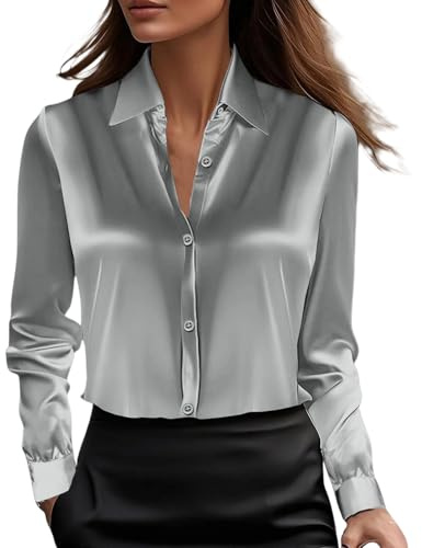 Blusa de satén para mujer, elegante, elegante, con cuello abotonado, manga larga, clásica, elegante, para negocios, informal, para el trabajo, plata, XL