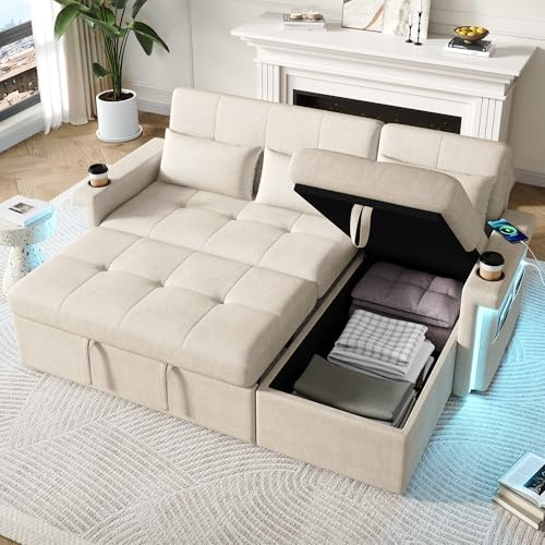 Cayipng Divano angolare-L,Divano letto 3 posti,divano 3 posti con funzione letto,divani angolari moderni convertibile con LED(app),USB,2 portabevande,3 cuscini,Schienale regolabile-3 angoli,Beige