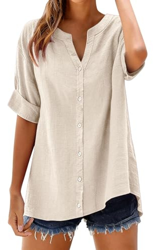 Generico Camicia Lino Donna Maniche Tre Quarti Estiva Moda Camicie Cotone Elegante Blusa Casual Camicetta da Spiaggia Classico Leggera Comoda Lavoro Viaggi Uso Quotidiano
