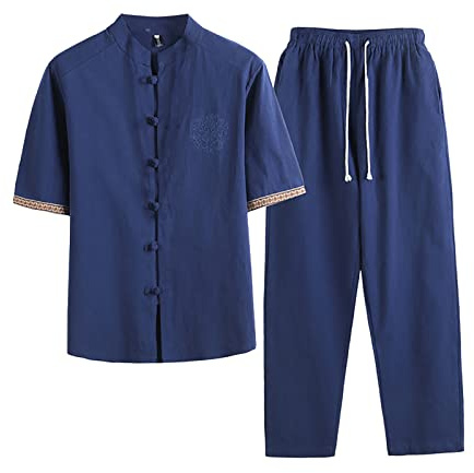 Traje de Tai Chi para hombre Tang Chino Traje de Lino Manga Larga Algodón Camisa de Lino y Pantalones de Pierna Recta 2 Divisiones Ropa Tradicional de Arte Marcial Transpirable Kung Fu Uniforme