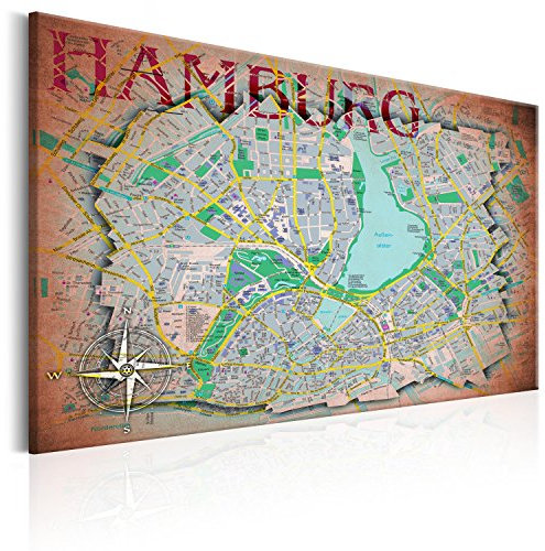 B&D XXL - Wandbilder Hamburg 60x40 cm 1 tlg - Wand Deko Vlies Leinwand Bilder Groß Wanddeko Wohnzimmer Schlafzimmer Kunstdrucke - Stadtplan Karte Map Deutschland k-A-0068-b-a