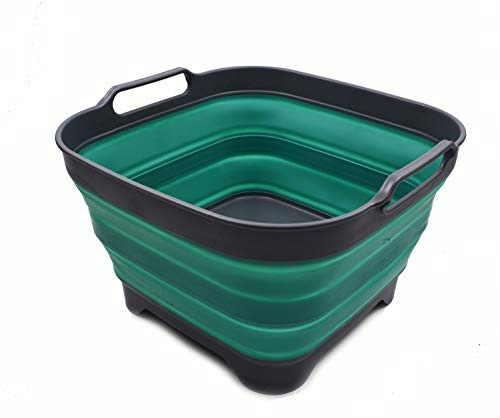 SAMMART 10L (2.64 Gallon) Collapsible Dishpan with Draining Plug - Foldable Washing Basin - Portable Dish Washing Tub - Space Saving Kitchen Storage Tray (1, Grey/Turquoise Blue)