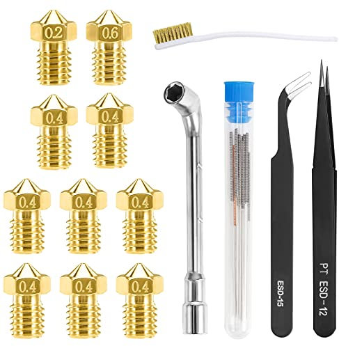 Wzone Buse Imprimante 3D Sets, E3D TÊTe D'impression D'extrudeuse De Buse En Laiton 0.2 mm, 0.4 mm, 0.6 mm avec Brucelles et Nettoyage Aiguilles, Pour L'imprimante 3D De Filament De 1.75mm