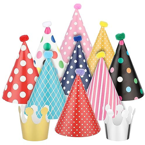 Abeillo 11Pce Birthday Party Hats,Colorful Adjustable Birthday Party Paper Hats for Kids Boys Grils, Elastic Birthday Crowns for Classroom Party Supplies and Decorations