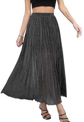 Missufe damer sommar glitter nät hög midja tyllkjol A-linje swing lång festkjol, svart, S