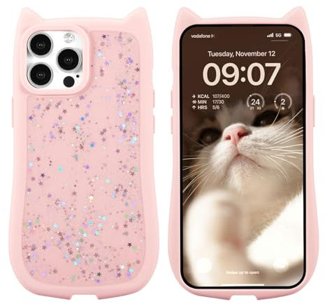 ZCDAYE Hülle für iPhone 13 Pro Max, Süße 3D Katzenohren mit Stern Paillette, TPU Stabile Schutzhülle Case Handytasche für iPhone 13 Pro Max (6.7 Zoll), Rosa