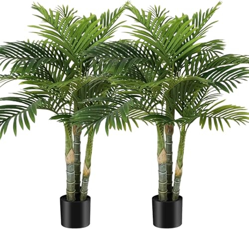 AnTing 4FT Artificial Golden Cane Palm Tree 15Leaves Faux Triple Tropical Palm Plants with Pot for Gift Home Office Decor Green (Set of 2)