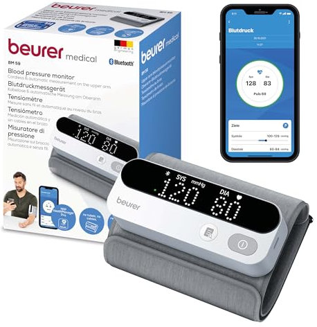 Beurer BM 59 Oberarm-Blutdruckmessgerät, innovative Manschette ohne Schläuche und Kabel, LED-Risikoindikator, Arrhythmie-Erkennung, für Oberarmumfänge von 22-42 cm, Medizinprodukt, mit App-Anbindung
