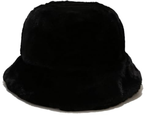 Quanhaigou Winter Faux Fur Bucket Hat,Fuzzy Warm Hat for Women Men, Fluffy Fisherman Cap (Plain Black)
