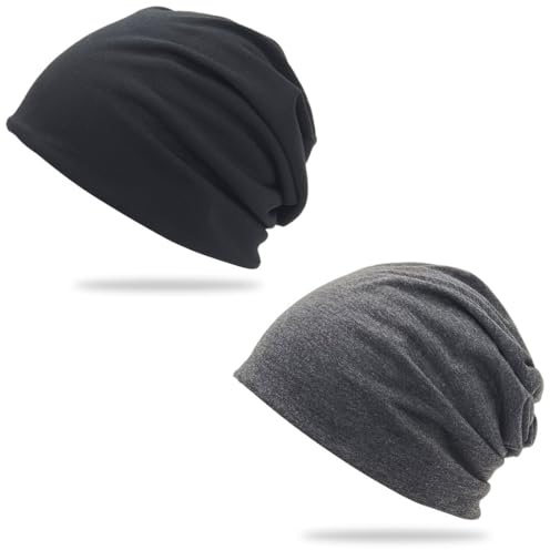 KUMSODE 2 stycken lätt beanie-mössa, beanie mössa för män och kvinnor, unisex slouch stickade mössor lång beanie för vinter (svart, grå), flerfärgad