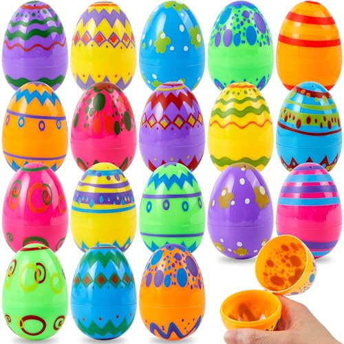JOYIN 18 huevos de Pascua impresos de 3,15 pulgadas, vacíos de plástico de colores rellenables en grandes cantidades para la búsqueda de huevos de Pascua, rellenos de cestas, accesorios de precios