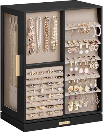 SONGMICS Jewellery Box 360° Rotating, Jewellery Organiser with 7 Drawers, Jewellery Display Case, Glass Window, Spacious, Vertical Jewellery Storage, Open Design, Great Gift, Ink Black JBC201B01