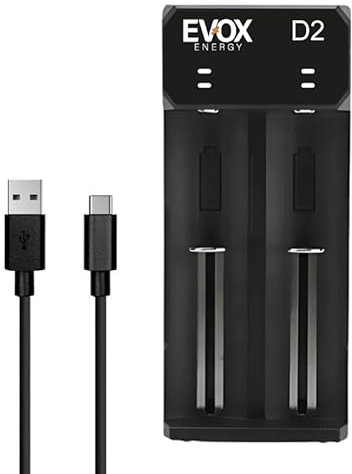 Evox Energy Chargeur Accus USB-C – Double Slot pour Piles Rechargeables Li-ION – Compatible 18650, 18490, 18350, 18500, 17500, 14500, 20700, 21700, 26650 – Charge Rapide avec Sécurité Intelligente