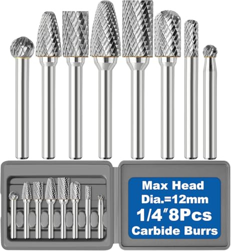 Sworker 8Pcs Carbide Burr Set 1/4 Shank w/Grey Flat Box Max Head Dia 12mm Die Grinder Bits Rotary Tools Attachment Kit Accessories Metal Wood Stone Steel Grinding Deburring Cutting Porting Carving