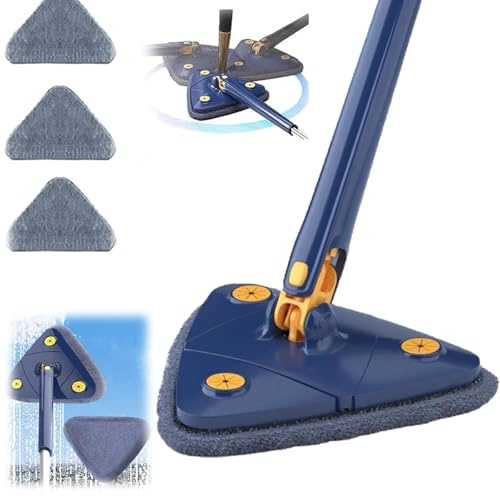 Upattend - Trapeador triangular giratorio de 360 grados, ajustable, con 3 almohadillas de repuesto para mojado y seco con mango largo extensible, mopa Upattend para limpiar paredes y techos (azul)