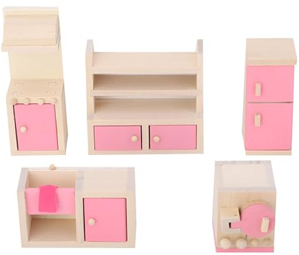 Aoaoy - Juego completo de muebles de madera para casa de muñecas 1:12, sala de estar, cocina, comedor, recámara de adultos, recámara de niños, baño con cojín y toalla (cocina)
