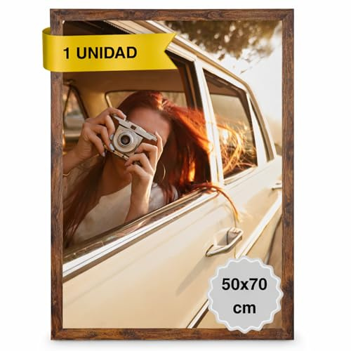MARCOFOTO Marco de Fotos 50x70 cm Marrón Rústico Portafotos de Pared en MDF con Plexiglas - Ideal para Diplomas, Títulos Universitarios, Pósters y Fotografías - Decoración Hogar y Oficina