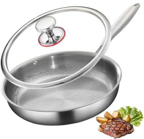 Liwankaqi Stainless Steel Frying Pan with Lid, 28cm Saute Pan Tri-Ply Skillet Cooking Pan with Lid, Induction Frying Pan Suitable for All Stovetops