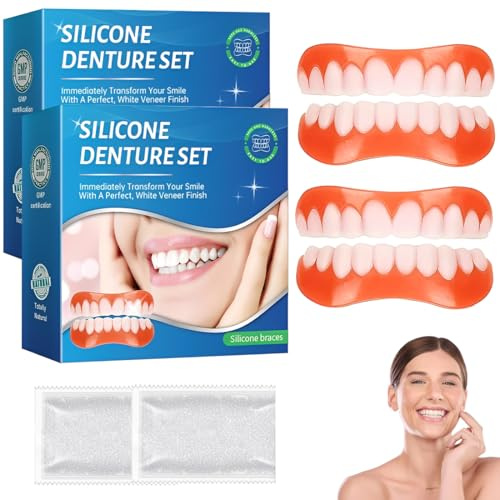 YUPZAR 2 Paia Denti finti da applicare da soli, Protesi Dentale, Faccette Dentali Universali Superiore E Inferiore Provvisoria Denti Finti,Con gel per la dentizione (A)