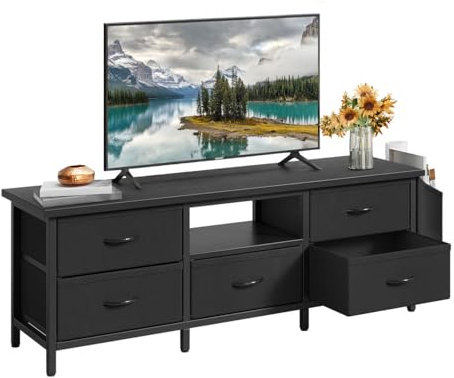 YITAHOME Mobile TV, mobile porta TV per soggiorno, con 5 cassetti pieghevoli e mensole, mobile TV con illuminazione a LED RGB con armadio, 145 x 35 x 50 cm, nero