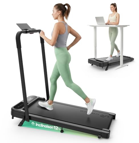 UREVO Tapis de Course Pliable avec Inclinaison 12% | Tapis de Marche 3 en 1 Électrique 1–10 km/h, Rangement sous Canapé, Télécommande, APP, Double Écran LED, Maison et Bureau