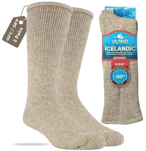 J.B. Field's -50 Below Icelandic Wool Socks for Extreme Cold Winter Weather, Thermal Socks for Women and Men, Thick, Warm, Soft for Hiking, Boot Hunting, 2 Pairs (Large) Beige