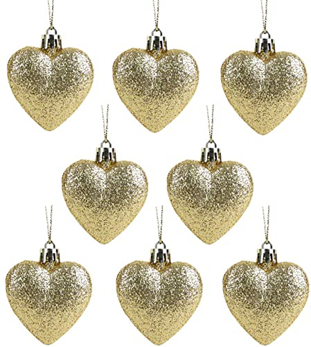 Christmas Concepts® Pack of 8-60mm (2.4) Heart Shaped Christmas Tree Baubles – Glitter Decorated Baubles (Gold)
